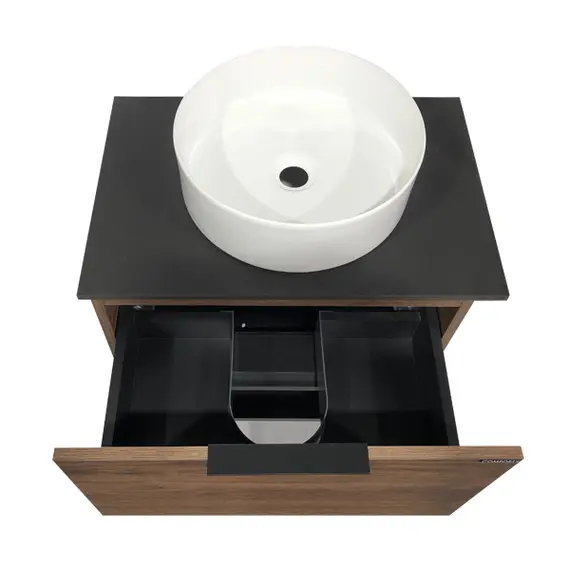 COMFORTY. Тумба-умывальник "Штутгарт-" дуб тёмно-коричневый с черной столешницей  c раковиной