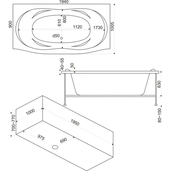 Ванна акриловая  BAS Фиеста 194*90