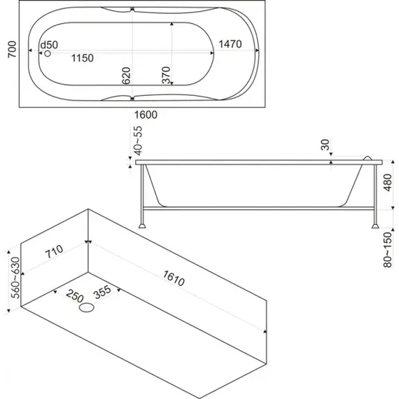 Ванна акриловая  BAS Мальдива 160*70