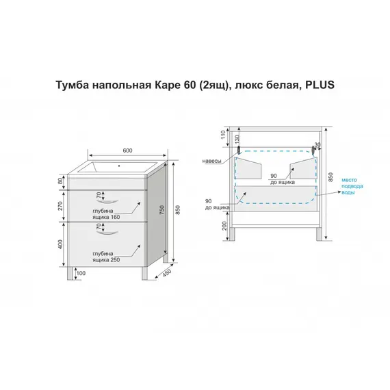 Тумба напольная с раковиной Style Line Каре (2 ящ.) Люкс белая, PLUS