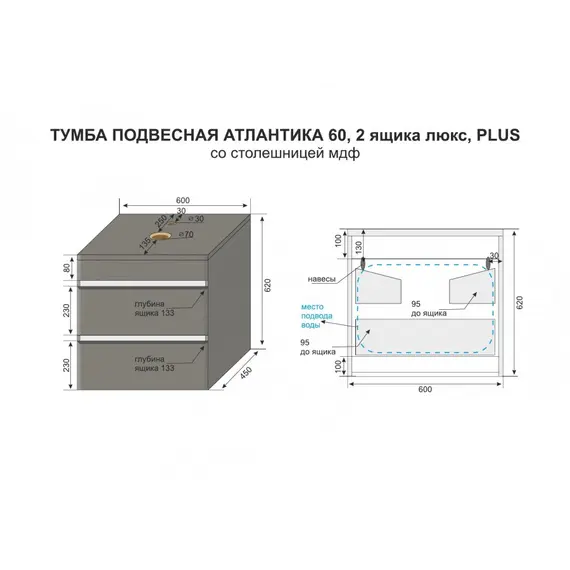 Тумба подвесная со столешницей МДФ Style Line Атлантика бетон темный
