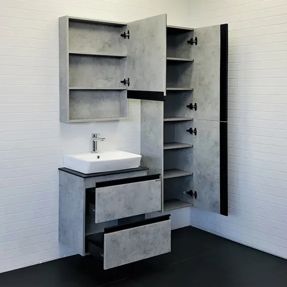 COMFORTY. Тумба-умывальник "Эдинбург-60-2 " бетон светлый с черной столешницей, с раковиной COMFORTY