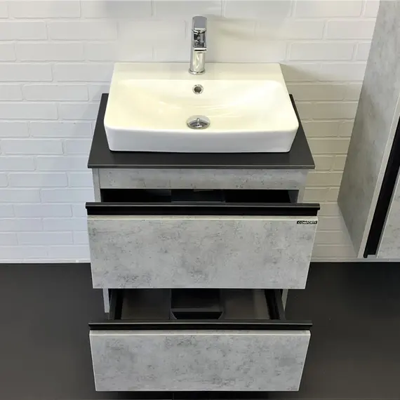 COMFORTY. Тумба-умывальник "Эдинбург-60-2 " бетон светлый с черной столешницей, с раковиной COMFORTY