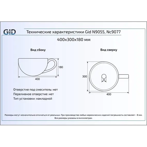 Накладная черная раковина для ванной Gid Nc9077