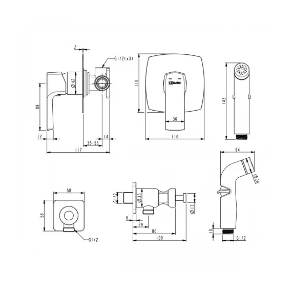 Смеситель Lemark Ursus LM7219BL с гигиеническим душем, встраиваемый