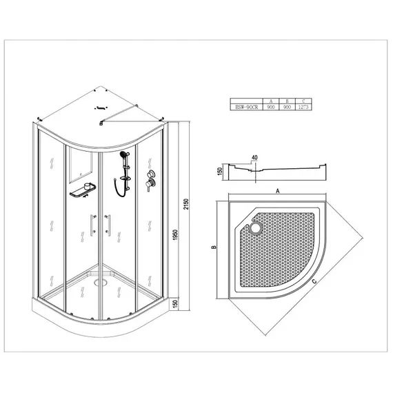 Душевая кабина Esbano ESW-90CR/100CR четверть круга с прозрач.стекло, белый профиль