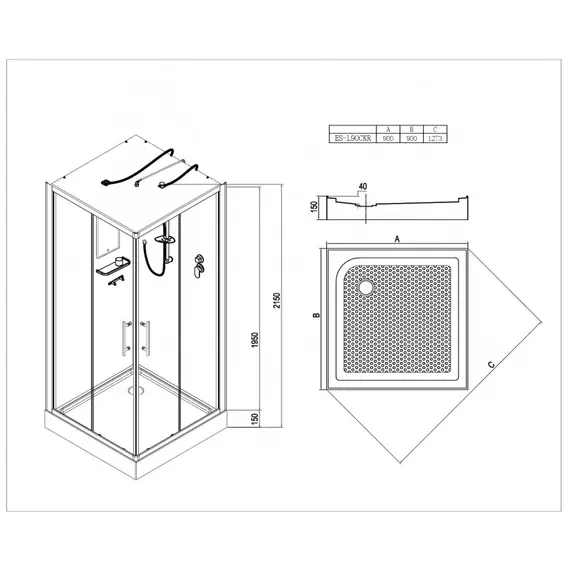 Душевая кабина квадратная с крышей и LED освещением ESBANO-ES-L90/100CKR