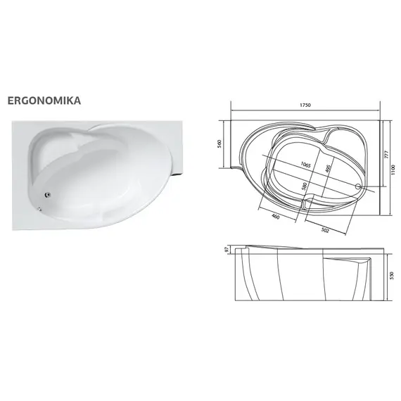 Ванна 1Marka ERGONOMIKA 158-175х110 L/R ОТРЕЗНАЯ