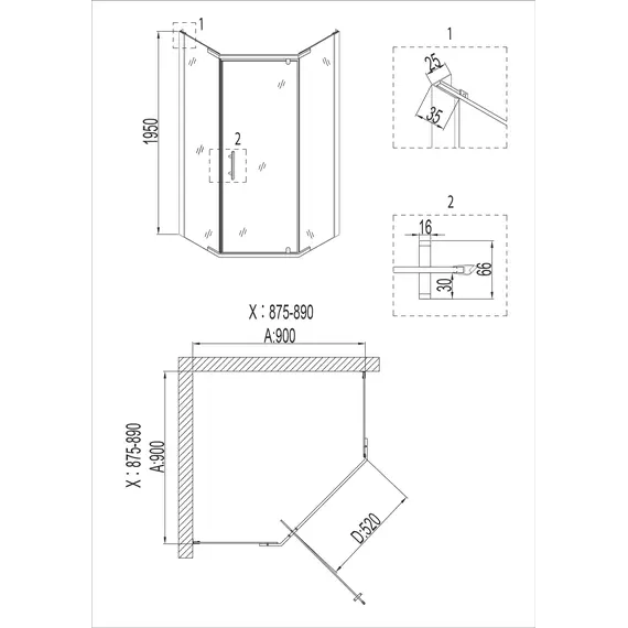 Душевое  ограждение  NG-6605-08  трапеция, дверь распашная, без поддона 90*90