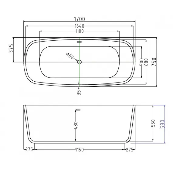 Ванна акриловая Esbano Oslo, 170x80x58