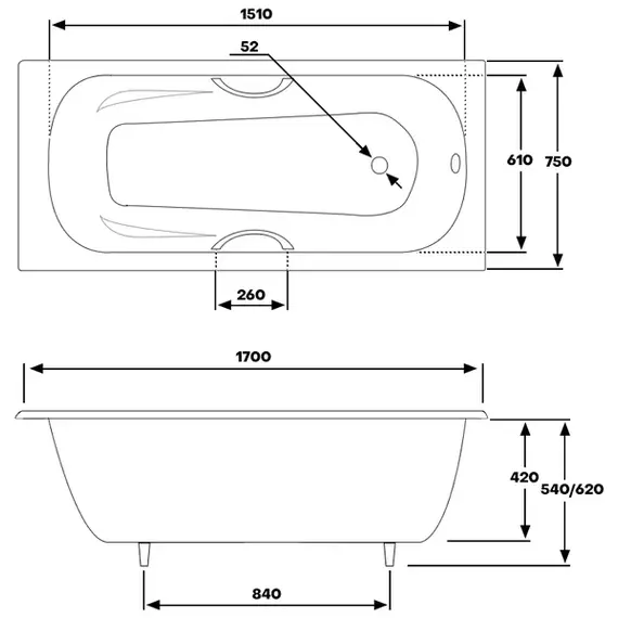 ВАННА чугунная BYON 15 - 170*75   ХР. РУЧКИ