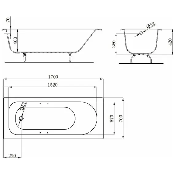 ВАННА чугунная BYON 13 - 170*70  ХР. РУЧКИ