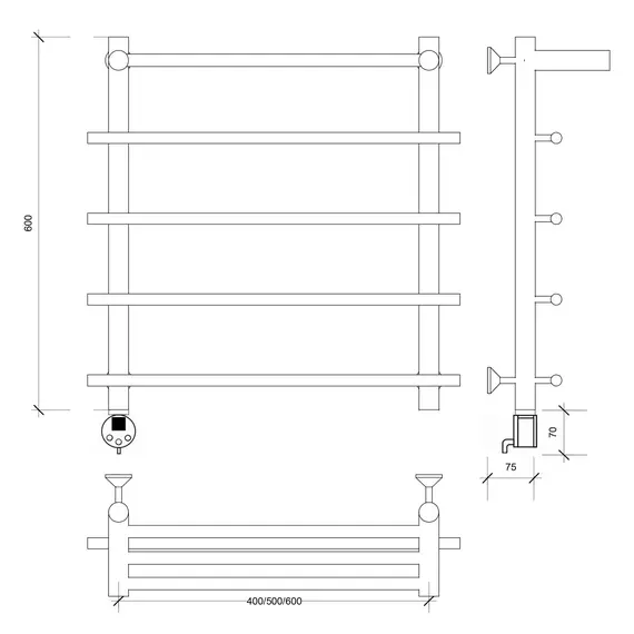 Полотенцесушитель Secado Турин 1 СП , с полочкой, электрический L/R хром