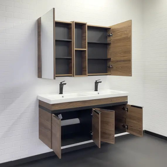 Тумба-умывальник Comforty Дуэт-125 дуб тёмно-коричневый с раковиной на две чаши Гармония 125