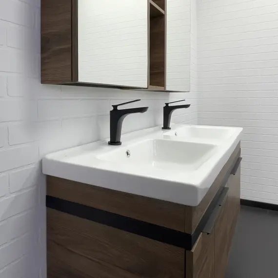 Тумба-умывальник Comforty Дуэт-125 дуб тёмно-коричневый с раковиной на две чаши Гармония 125