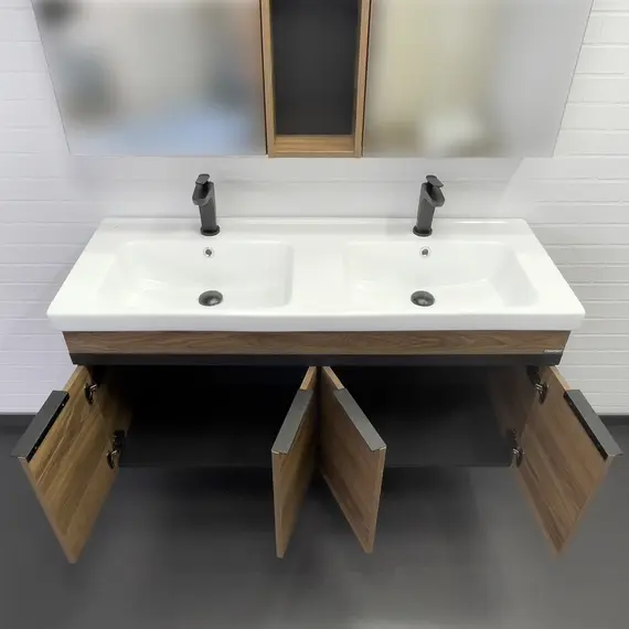 Тумба-умывальник Comforty Дуэт-125 дуб тёмно-коричневый с раковиной на две чаши Гармония 125