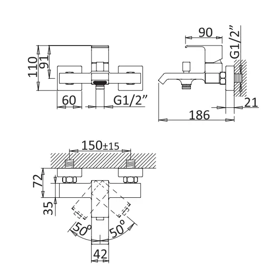 Смеситель для ванны и душа CEZARES PORTA-VM-NOP