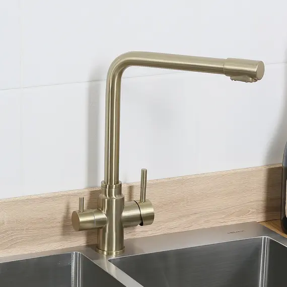 Смеситель д/кухни MELANA-F9505HG нерж.сталь, с переключателем на фильтр, однорычажный, золото