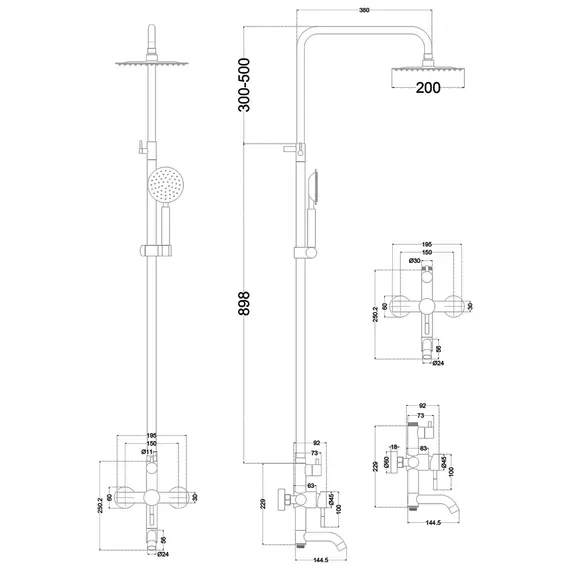 Душевая система MELANA-610107 Tondo нерж.сталь, с тропическим душем, лейкой и смесителем