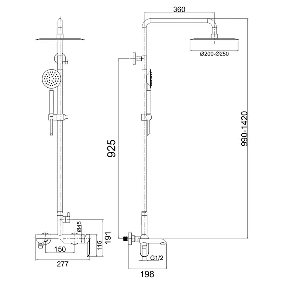 Душевая система MELANA-610605 Paola Hi-tech нерж.сталь, с тропическим душем, лейкой
