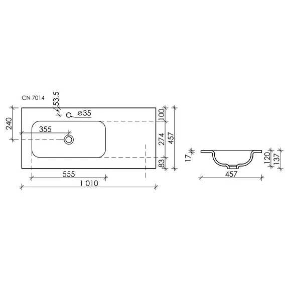 Раковина накладная Ceramica Nova Grace 1010*457*137мм, чаша слева, с отверстием под смеситель