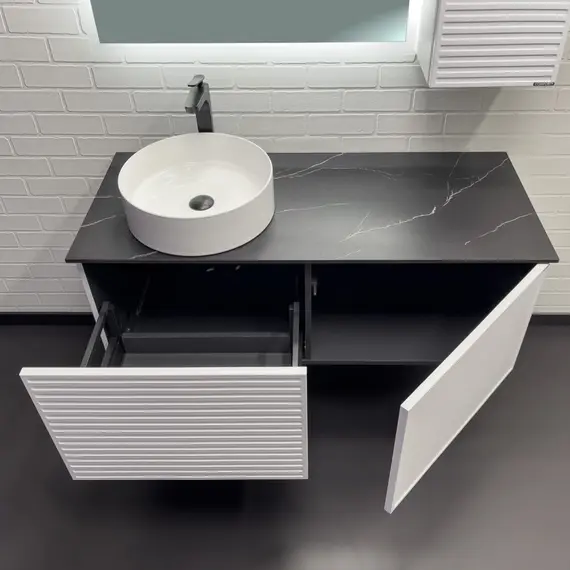 Тумба-умывальник Comforty Геленджик 120 белый матовый со столешницей мрамор Калакатта Блэк c раковиной Comforty