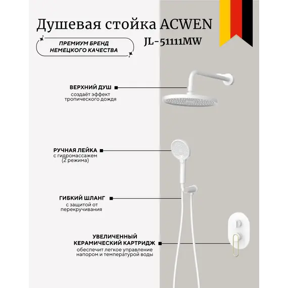 Душевая система ACWEN  JL-51111MW встраиваемая , белый/золото