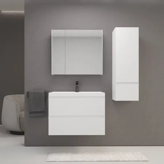 Тумба подвесная "Манхэттен 100/80/70/60" ЭМАЛЬ с  раковиной  ASTI , 2 ящика ,PLUS , белый матовый