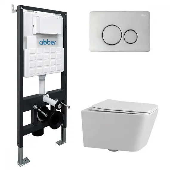 Комплект подвесной унитаз ABBER Rechteck AC1201 белый с инсталляцией AC0105 и кнопкой  хром