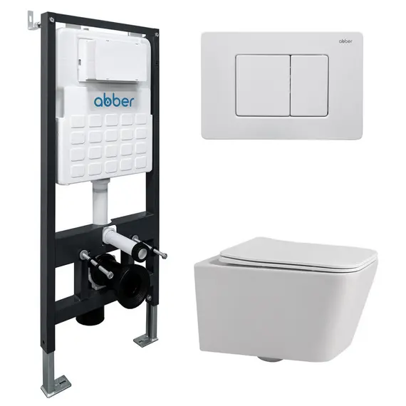 Комплект подвесной унитаз ABBER Rechteck AC1201 белый с инсталляцией AC0105 и кнопкой белая матовая
