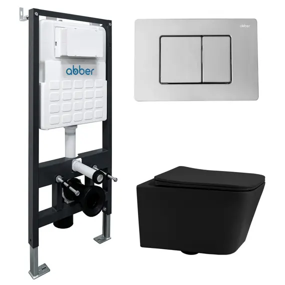 Комплект подвесной унитаз ABBER Rechteck AC1201MB черный матовый с инсталляцией AC0105 и кнопкой хром