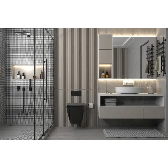 Комплект подвесной унитаз ABBER Rechteck AC1201MB черный матовый с инсталляцией AC0105 и кнопкой  золото розовое