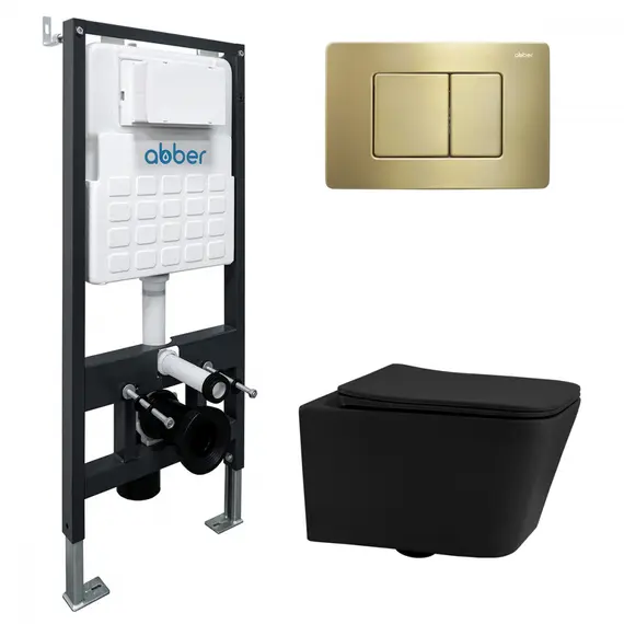 Комплект подвесной унитаз ABBER Rechteck AC1201MB черный матовый с инсталляцией AC0105 и кнопкой  золото матовое