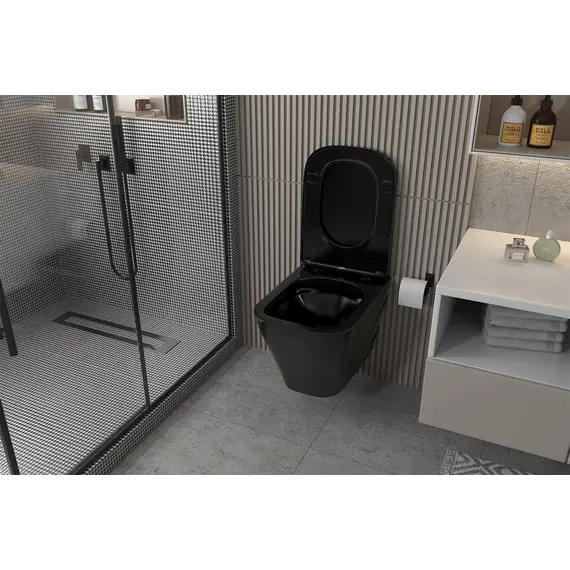 Комплект подвесной унитаз ABBER Rechteck AC1201MB черный матовый с инсталляцией AC0105 и кнопкой  золото матовое