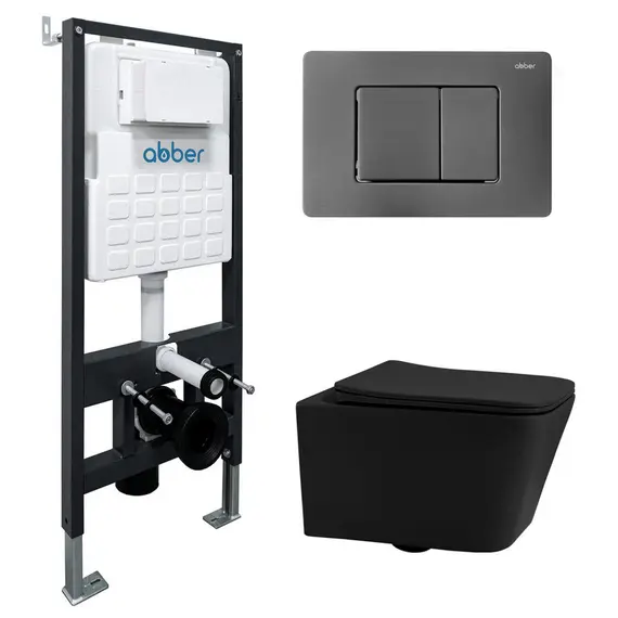Комплект подвесной унитаз ABBER Rechteck AC1201MB черный матовый с инсталляцией AC0105 и кнопкой никель