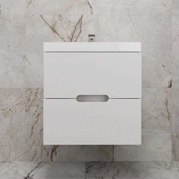 Тумба подвесная "Матис" с раковиной ASTI (2 ящика), Белый матовый, ЭМАЛЬ