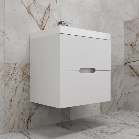 Тумба подвесная "Матис" с раковиной ASTI (2 ящика), Белый матовый, ЭМАЛЬ