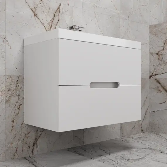 Тумба подвесная "Матис" с раковиной ASTI (2 ящика), Белый матовый, ЭМАЛЬ