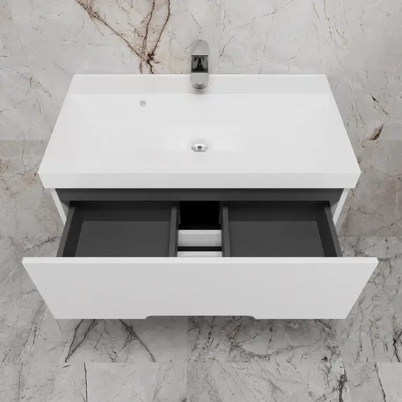 Тумба подвесная "Матис" с раковиной ASTI (2 ящика), Белый матовый, ЭМАЛЬ