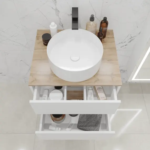 Тумба подвесная 1Marka Veil 2ящика, белая аляска/столешница дуб вотан