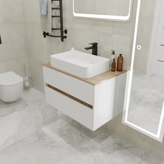 Тумба подвесная 1Marka Veil 2ящика, белая аляска/столешница дуб вотан