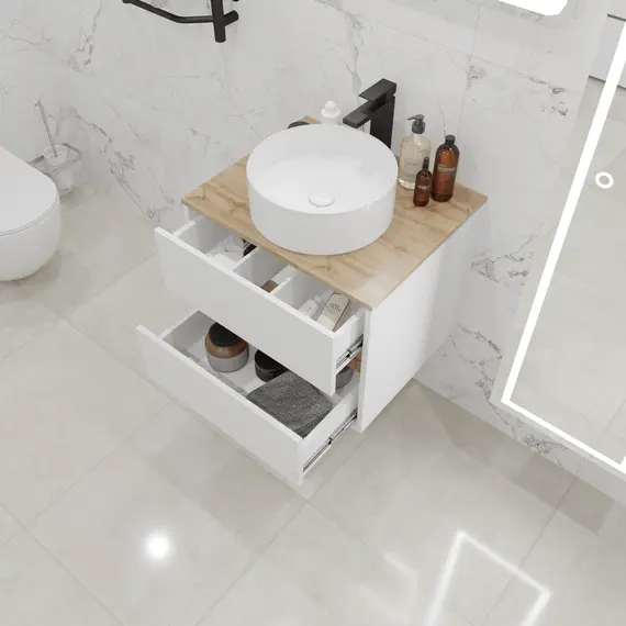 Тумба подвесная 1Marka Veil 2ящика, белая аляска/столешница дуб вотан