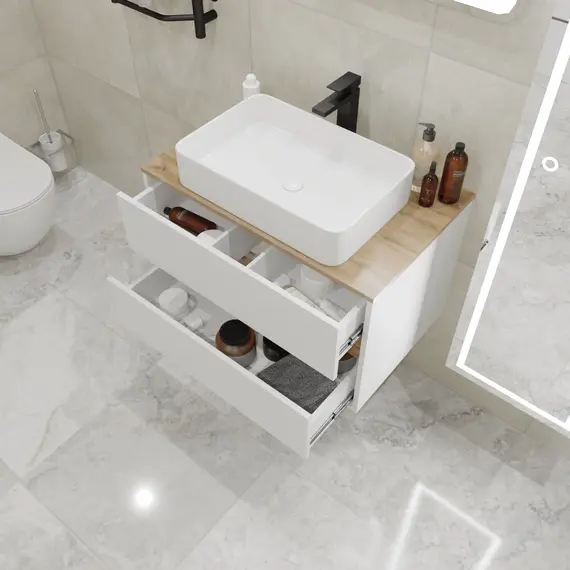 Тумба подвесная 1Marka Veil 2ящика, белая аляска/столешница дуб вотан