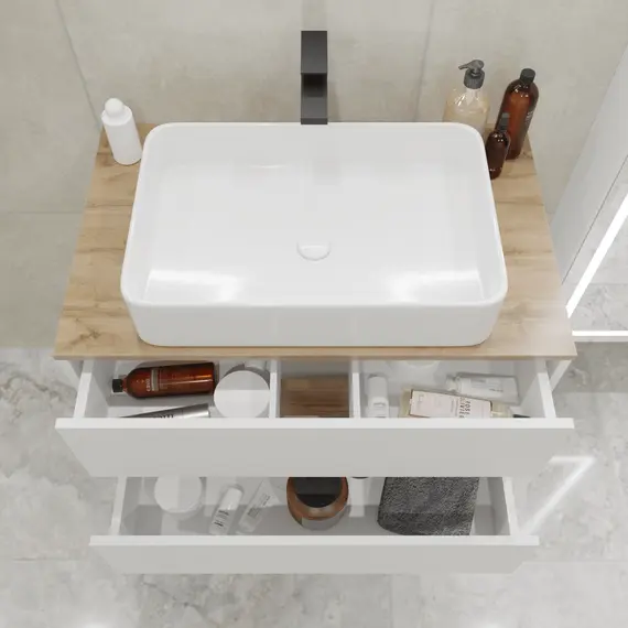 Тумба подвесная 1Marka Veil 2ящика, белая аляска/столешница дуб вотан