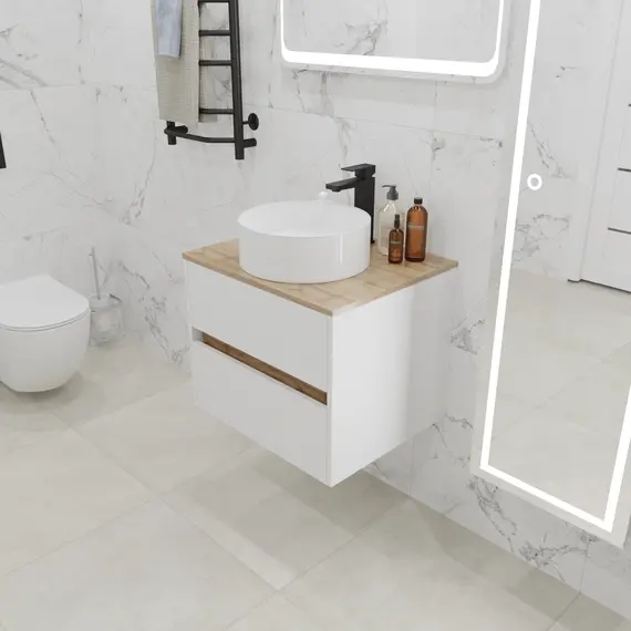 Тумба подвесная 1Marka Veil 2ящика, белая аляска/столешница дуб вотан