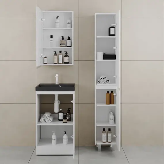 Тумба напольная "БАТЛЕР" (1 ящ.) с раковиной ASTI 50 Люкс антискрейтч белый глянец PLUS