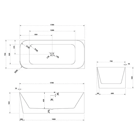 Ванна из искусственного камня ABBER Stein AS9621-1.7 L/R белая матовая 170х75