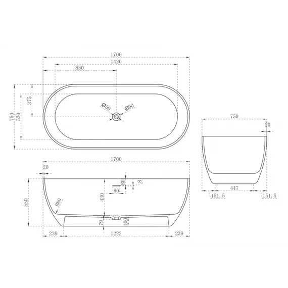 Ванна из искусственного камня ABBER Stein AS9613 белая матовая