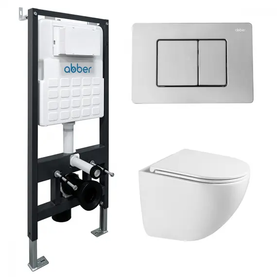 Комплект подвесной унитаз ABBER Bequem AC1131TC белый, с закрытым дном с инсталляцией AC0105 и кнопкой AC0120 хром глянцевый