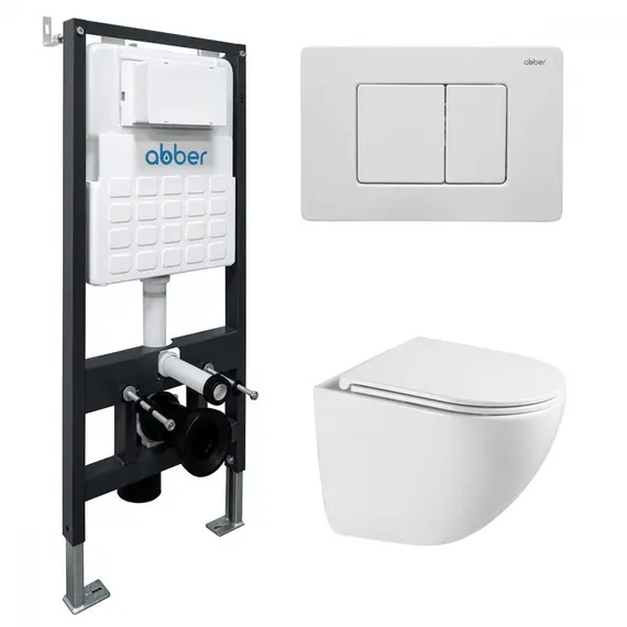 Комплект подвесной унитаз ABBER Bequem AC1131TC белый, с закрытым дном с инсталляцией AC0105 и кнопкой AC0120MW белая матовая